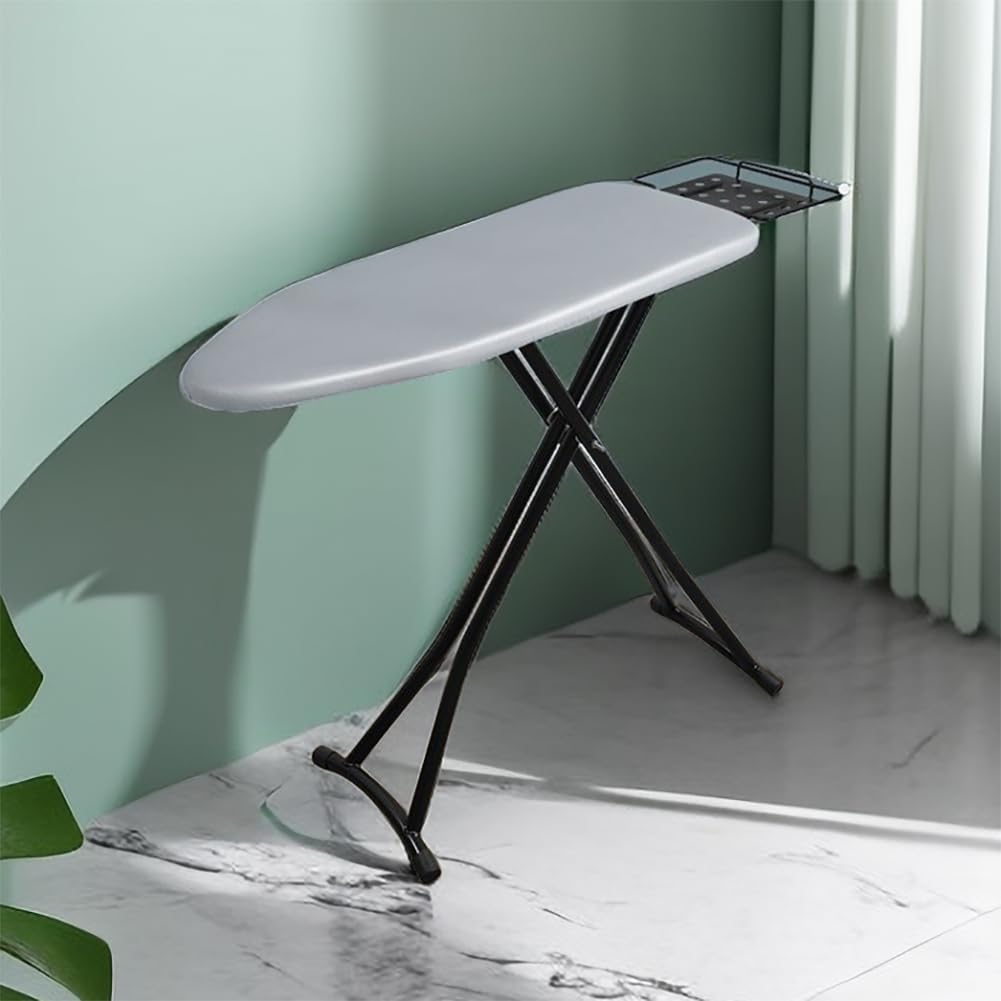 Cette table de repassage se presente en coloris gris et noir