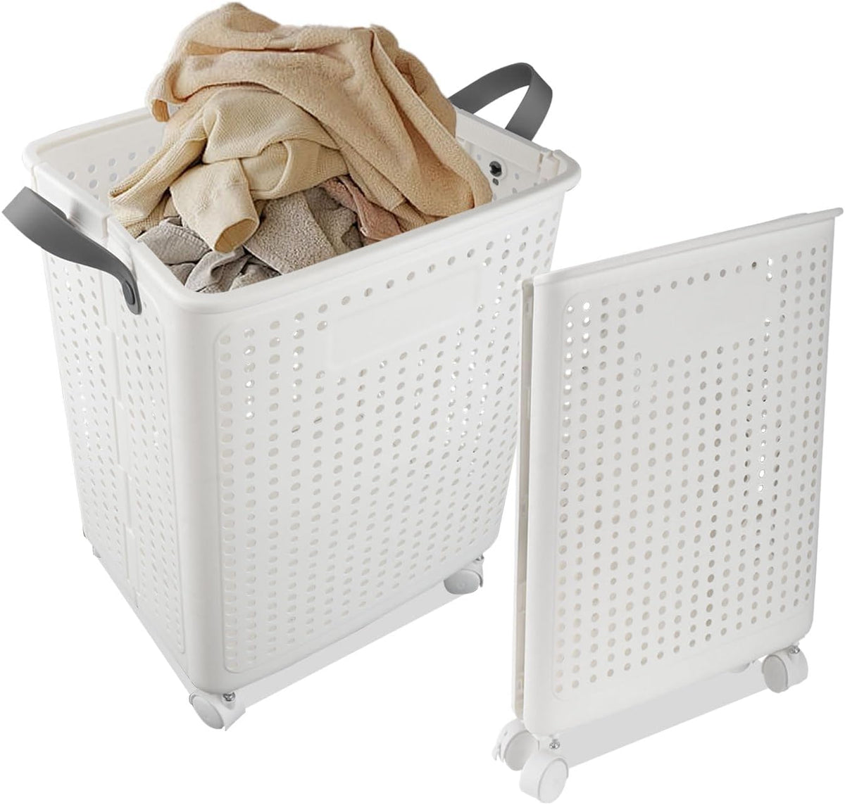 Un panier a linge qui se deplace sur roulettes, avec un format compact