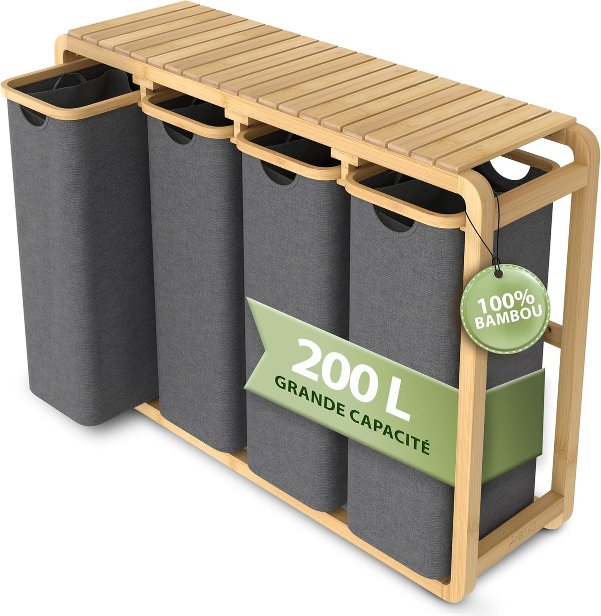Ce trieur a linge comprend un format compact avec une poignee de prise en main